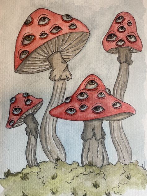 Eyes On Mushrooms, Mushroom Drawing Fantasy Fairy Art, Mushroom With Eyes Painting, Creepy Mushroom Painting, Mushrooms With Eyes Drawing, Weird Mushroom Art, Mushrooms On A Tree, Grunge Mushroom Drawing, Weird Plants Drawing