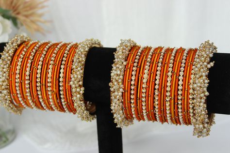 Orange Bangle Stack Indian Bangles Beautiful Gifting and Occasion Wear Jewellery - Etsy  Jago bangle set inspo Orange Bangles, Bridal Ornaments, Bangle Stack, Indian Bangles, Punjabi Outfits, Bangles Set, Orange Outfit, Bangles Indian, Bridal Bangles