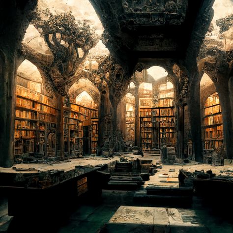 Old university arabesque vines ruins books stone library 4k architecture wood desks detail fantasy dark academia ancient Mystic Library Aesthetic, Old Castle Library, Dark Gothic Library, Grand Library Concept Art, Ancient City Aesthetic, Old Library Aesthetic Dark Academia, Fantasy Castle Library, Library In The Woods, Fantasy Ancient Ruins