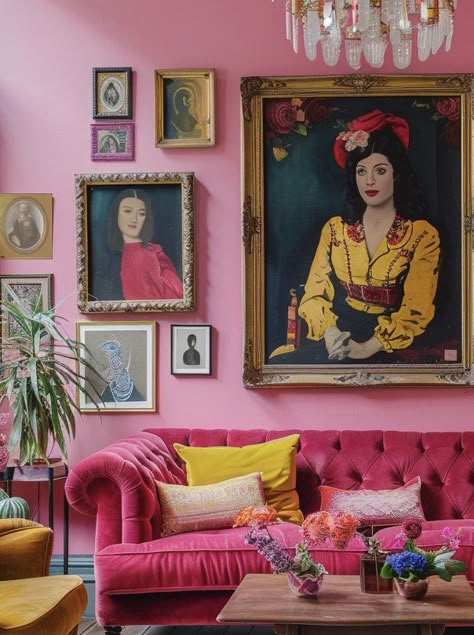 Decorating with a bit of whimsy — Lilabeth interiors Kitsch Home Decor, Maximalist Pink Living Room, Pink Room Maximalist, Hot Pink Maximalist Room, Whimsical Interior Design, Boho Maximalism Pink, Eclectic Maximalism Wallpaper Direct, Bohemian Homes, Quirky Furniture