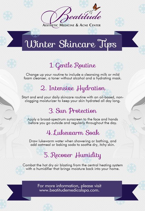 Beatitude Aesthetic Medicine and Acne Center in San Diego, CA has developed a five step process for you this winter to maintain healthy and hydrated looking skin. Read the infographic to protect your skin and get the flawless look you want for the New Year! Read more here: http://www.beatitudemedicalspa.com/winter-skincare-tips/ Skin Care Routine Simple, Winter Skin Care Routine, Winter Skincare, Anti Wrinkle Skin Care, Skin Pigmentation, Attraction Marketing, Aesthetic Medicine, Proper Skin Care, Winter Mood