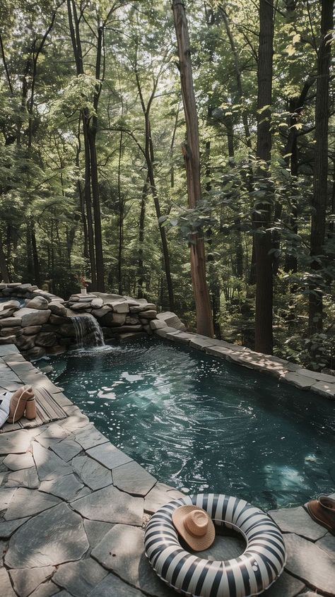 Pools In The Woods, Natural Pool Backyard, Boho Pool Area Backyard, Nature Pool Backyard, Cottage Pool Backyards, Hobbit Airbnb, Pool In Woods, Natural Pools Backyard, Natural Pool Ideas