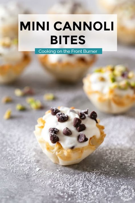 Chocolate Phyllo Cup Desserts, Easy Phyllo Cup Desserts, Dessert Phyllo Cups, Mini Canolli Cups, Mini Cannoli Bites, Phyllo Tarts Appetizers, Phyllo Cannoli Cups, Mini Phyllo Cup Recipes, Phyllo Cup Appetizers Desserts