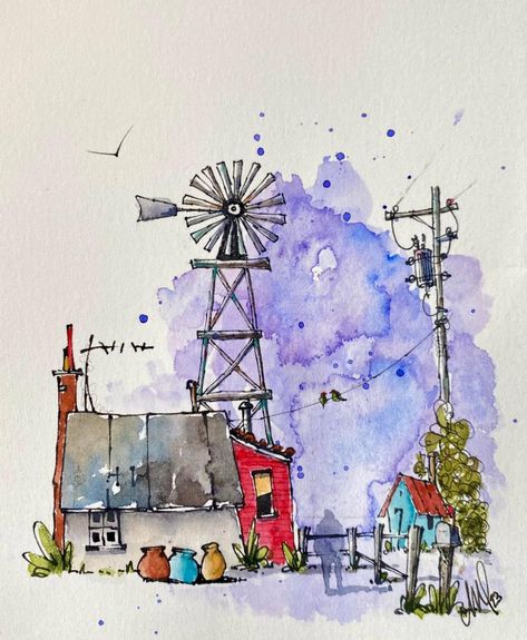 Watercolour Sketches, 2024 Bujo, Lighthouse Drawing, Lamy Safari, Art Houses, Flat Art, Whimsy Art, Urban Sketches, Learn Watercolor Painting