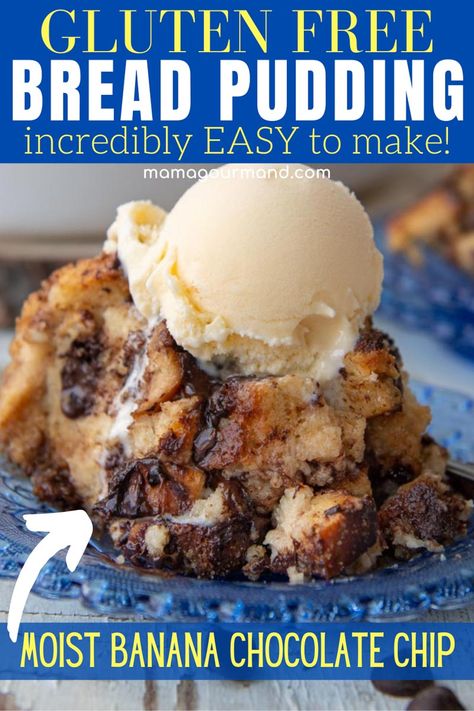 The best gluten-free bread pudding tastes exactly like the old-fashioned dessert you grew up on! This easy, homemade recipe is baked with gluten-free bread, ripe bananas, and gooey chocolate chips for a decadently moist banana bread flavor! #glutenfreebreadpudding #banana #chocolatechip #moist #southern #homemade Old Fashion Bread Pudding, Churros Cupcakes, Gluten Free Bread Pudding, Gf Banana Bread, Homemade Custard Recipe, Bread Pudding With Vanilla Sauce, Pies Easy, Peanut Butter Apple, Bread Pudding Recipes