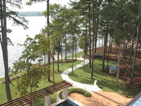 Lake Landscaping, Hgtv Dream Homes, Large Backyard Landscaping, Concrete Walkway, Lakeside Living, Hgtv Dream Home, Modern Landscape Design, Large Backyard, Home Landscaping