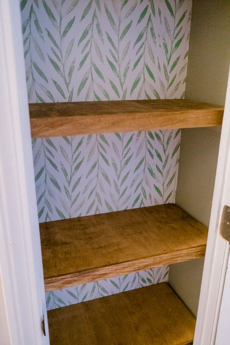 Small Pantry Makeover, Faux Floating Shelves, Wooden Closet Shelves, Small Closet Shelving, Small Closet Makeover, Built In Wall Shelves, Linen Closet Shelves, Closet Makeover Diy, Closet Redo