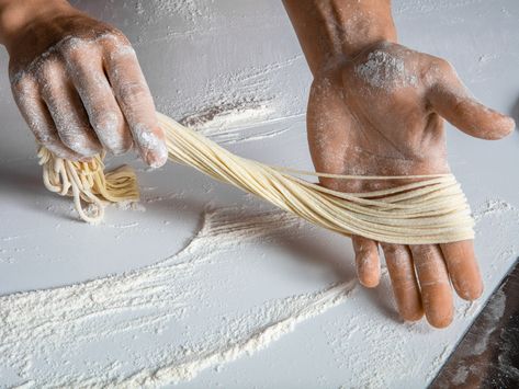 Pulling off hand-pulled noodles at home with the help of nutritional yeast. Noodles Homemade, Pulled Noodles, Nutritional Yeast Recipes, Protein Bread, Fine Mesh Strainer, Pasta Machine, Wheat Germ, Noodles Recipe, Pasta Noodles