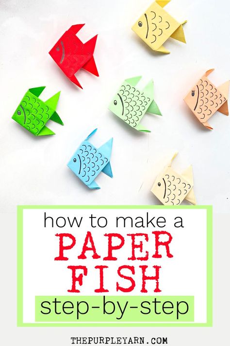 Learn how to make this easy Origami paper fish craft by following the step-by-step tutorial. Origami Fish Easy Step By Step, Paper Fish Craft For Kids, Paper Fish Craft, Origami Fish Easy, Easy Origami Animals, Easy Origami For Kids, Fish Craft, Paper Folding Crafts, Paper Fish