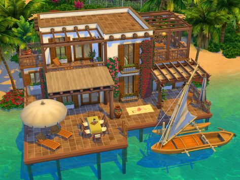 The Sims Resource - Beach House - no CC Sims 4 Sulani Beach House, Sulani Beach House, Tropical Beach House Design, Sims 4 Island Living House, Sulani Homes Sims 4, Sims House Ideas, Sims 4 Sulani, Sims 4 Beach House, Sims 4 Lots