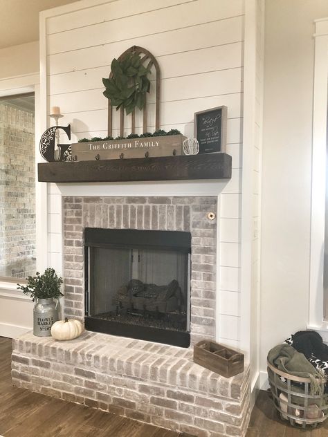 Shiplap fireplace with brick surround and hearth. Shiplap Fireplace With Brick, Fireplace With Brick Surround, Fireplace With Brick, Brick And Shiplap, Fireplace Redo, Brick Fireplace Makeover, Shiplap Fireplace, Fireplace Mantel Decor, Farmhouse Fireplace