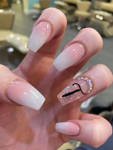 Nails With Initial T On Them, Gel Nail Designs With Initials, Engagement Nails With Initials, Nails With T Initial, Nails Initials Design, Nails Initials, Initial Nails, Nails And Hair, Ombre Acrylic