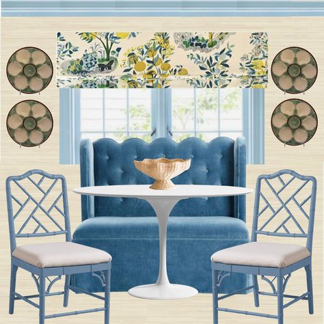 Grandmillenial Breakfast Nook, Rectangle Breakfast Nook, Citrus Garden Schumacher, Scalloped Banquette, Tulip Table Breakfast Nook, Blue Breakfast Nook, Breakfast Room Decor, Tulip Table And Chairs, Breakfast Nook Sitting Area