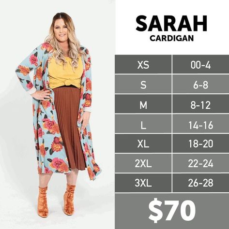 LuLaRoe Sarah cardigan is a cropped long sleeve, with mid-calf length Lularoe Size Chart, Native American Jewelry Navajo, Lularoe Outfits, Vintage Trucker Hats, Native American Pottery, Cozy Fits, Cardigan Sweaters For Women, Size Charts, Long Sleeve Cardigan