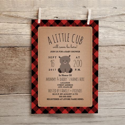 Lumberjack Plaid Bear Cub Baby Shower Invitation Buffalo Plaid Baby Shower Ideas, Lumberjack Baby Shower Theme, Mama Bear Baby Shower, Lumberjack Baby Shower Invitations, Lumberjack Theme, Sprinkle Ideas, Plaid Baby Shower, Lumberjack Baby Shower, Lumberjack Baby