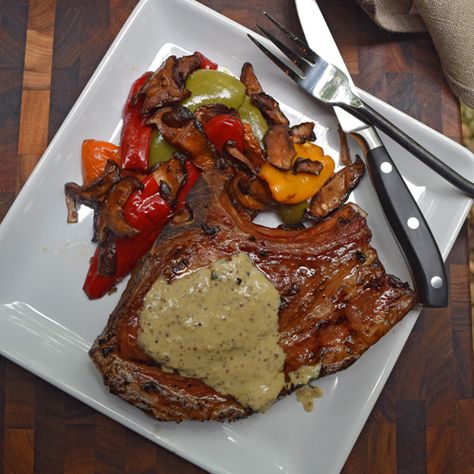 Grilled Pork Chops with Knob Creek® Bourbon Mustard Sauce on the Oklahoma Joe's® Rider DLX Bourbon Mustard, Pork Chop Sauce, Knob Creek, Bourbon Sauce, Grilled Pork Chops, Romantic Dinner Recipes, Mustard Sauce, Beef Short Ribs, Clean Grill