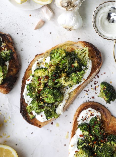 ROASTED BROCCOLI TOAST WITH RED PEPPER AND LEMON. Broccoli Toast, Doctor Lawyer, Parmesan Roasted Broccoli, Ricotta Toast, Miracle Mile, Raw Carrots, Interior Decorator, Dinner Appetizers, Roasted Broccoli