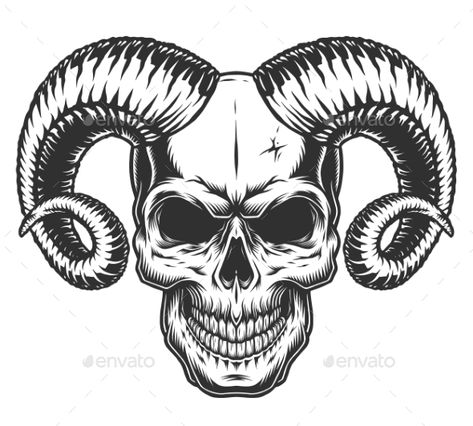 Skull with horns isolated on white. Detailed vector illustration Devil Silhouette, Tattoo Banner, Ram Tattoo, Skull With Horns, Evil Demons, Ram Skull, Aries Tattoo, Drawing Heads, Skull Drawing