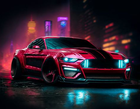 a red ford mustang sports car parked in a city at night, a 3D render , ford mustang, Cyberpunk, Cyberpunk street cars, ford, muscle cars, Vaporwave, synthwave, Japanese Classic cars, futuristic ford mustang, futuristic cars, American cars, retro cars, retrofuturism, classic cars, vintage cars, supercar, racing, horsepower, American muscle cars, Japanese modern car, glowing neon Neon Car Aesthetic, Gigi Wallpapers, Red Mustang Aesthetic, Red Vehicles, Mustang Tuning, Synthwave Aesthetic, Ford Mustang Wallpaper, Red Mustang, Cool Truck Accessories