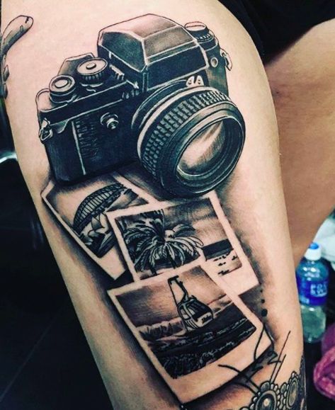 Tattoo Traveling, Polaroid Tattoo, Photography Tattoos, Camera Tattoos, Camera Tattoo, Shape Tattoo, Tattoo Photography, Dad Tattoos, Detailed Tattoo