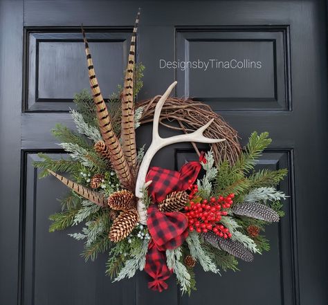 Wreath With Antlers, Antler Wreaths, Pheasant Feather Decor, Deer Antler Wreath, Hunting Wreath, Deer Skull Decor, Cabin Wreath, Red Dogwood, Western Wreaths