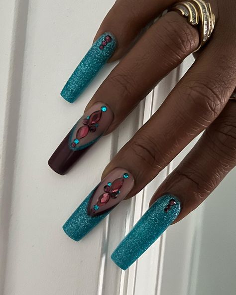 Teal And Brown Nails, Gems French Tip, Nude Brown Nails, French Tip Long, Teal Nails, Nails Matte, Polygel Nails, Brown Nails, Sparkles Glitter