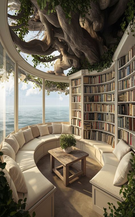 Dreamscape Library, Beachy Home Library, Beach Library, Desk Library, Dream Mansion, Boho House, Home Libraries, Luxury Homes Interior, Interior Garden