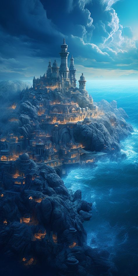 Air Kingdom Fantasy Art, Sea Kingdom Fantasy Art, Castles By The Sea, Water Castle Aesthetic, Beach Kingdom Fantasy Art, Fantasy Water Kingdom Aesthetic, Seaside Kingdom Fantasy Art, Fantasy Ocean Kingdom, Kingdom By The Sea Aesthetic