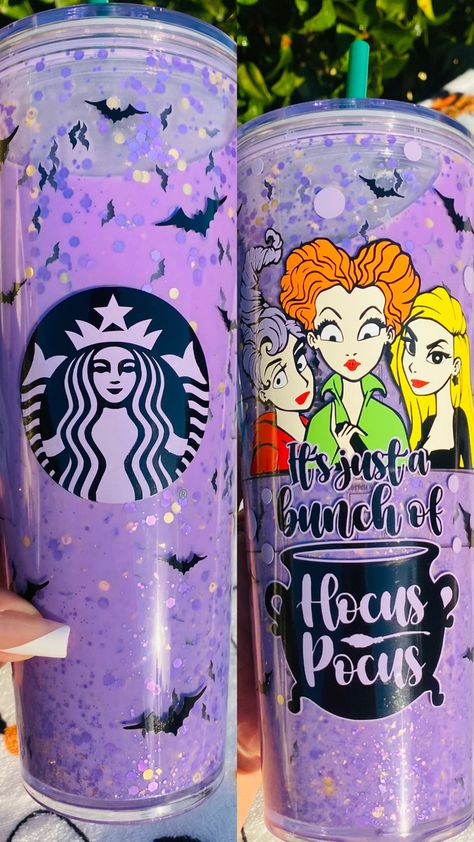 Fall Snowglobe Tumbler Ideas, Hocus Pocus Snowglobe Tumbler, Hocus Pocus Starbucks Cup, Hocus Pocus Cup, Starbucks Glitter Tumbler, Cricut 2023, Vaso Starbucks, Hocus Pocus Tumbler, Snow Globe Cups