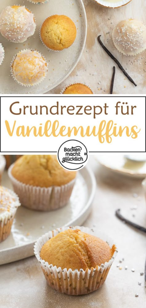 Einfaches, schnelles Rezept für saftige Muffins mit Vanillejoghurt. Die Vanillemuffins sind ein echter Klassiker, der sich wunderbar abwandeln lässt. Vanille Muffins, Muffin Streusel, Little Kitchen, Mini Muffins, Cupcake Muffins, Sweets Desserts, Sweet Recipes, Muffins, Food And Drink