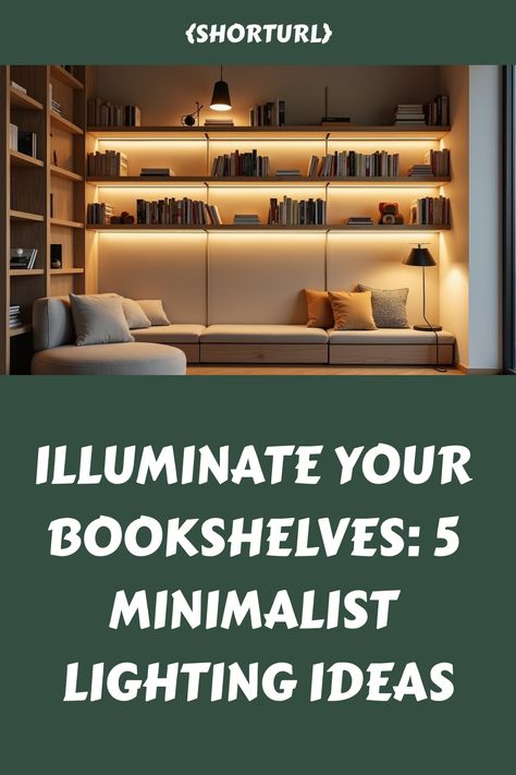 Discover innovative ways to light up your bookshelves with these minimalist designs. From sleek LED strips to elegant pendant lights, transform your reading nook into a cozy and stylish haven. Perfect for book lovers who appreciate clean lines and modern aesthetics! Lights For Bookshelves, Led Lights Bookshelves, Lighting In Bookshelves, Lighting For Built In Bookshelves, Home Library Lighting, Bookcase Lighting Ideas, Bookshelf Lighting Ideas, Book Shelf Ideas Aesthetic, Zen Lighting