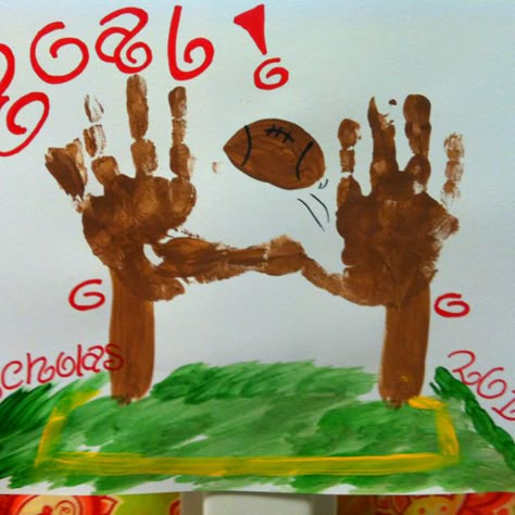 Handprints as football goal posts! Did these this week. Handprint Football Craft, Sports Art Activities For Preschoolers, Football Handprint Art, Football Crafts For Kids, Football Goal Posts, Football Goal, Football Crafts, Sport Craft, Vbs Crafts