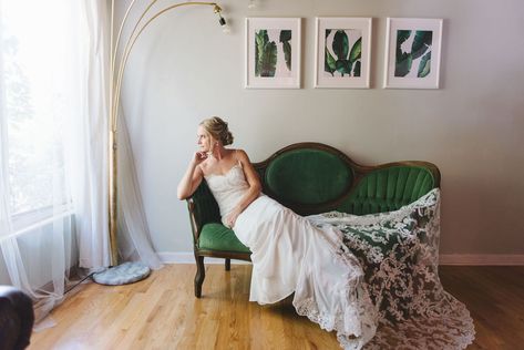 Elegant Modern St. Pete Bride Beauty Portrait Lounging on Green Velvet Couch Wearing Classic Lace V Neckline and Spaghetti Strap Wedding Dress with Elegant Lace Train | Tampa Bay Wedding Photographer Kera Photography | Sarasota Wedding Dress Shop Truly Forever Bridal Bride And Groom On Couch, Green Velvet Couch, Strap Wedding Dress, St Pete Wedding, Casual Bride, Tropical Wedding Inspiration, Sarasota Wedding, Spaghetti Strap Wedding Dress, Vintage Couch