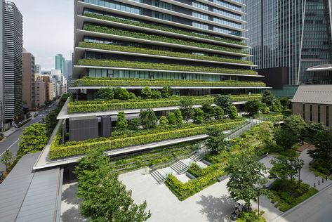 Gallery of Toranomon Hills Tower / ingenhoven architects - 3 Houses In Germany, Gardens Of Babylon, Urban Heat Island, Living Roofs, Parametric Architecture, Office Tower, Vertical Gardens, Urban Fabric, Garden City