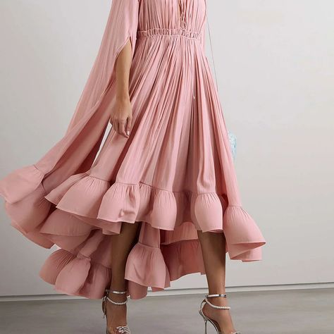 Cape-Effect Tie-Detailed Ruffled Crepe Dress Luxury Dress With Ruffles And Ruffled Collar, Luxury Crepe Maxi Dress, Luxury Formal Maxi Dress With Ruffles, Luxury Formal Dress With Ruffled Collar, Luxury Pink Ruffle Maxi Dress, Luxury Pink Ruffled Evening Dress, Luxury Formal Gown With Ruffles, Luxury Pink Ruffle Dress, Luxury Dressy Evening Maxi Dress