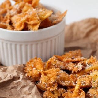 Bowtie Pasta Crunchies - Heather Likes Food Fried Bowtie Pasta Air Fryer, Bowtie Pasta Appetizers, Fried Bowtie Pasta, Bow Tie Pasta Recipe, Frying Recipes, Bows Party, Fried Pasta, Fried Recipes, Pasta Chips