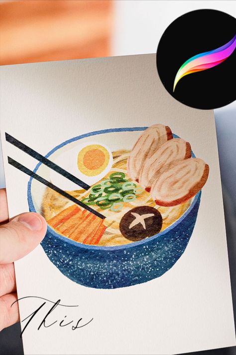 Here's how you can paint a watercolor bowl of ramen in Procreate. Watercolor ramen noodle soup illustration. How to paint watercolor food. Watercolor food tutorial Ramen Watercolor Painting, Ramen Watercolor, Ramen Painting, Soup Illustration, Music Sketch, Watercolor Food Illustration, Food Watercolor, Procreate Watercolor, Bowl Of Ramen