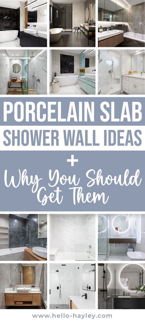 Porcelain Slab Shower Wall Ideas + Why You Should Get Them Large Tiles For Shower Walls, Stone Slab Shower Walls, Bathroom Ceramic Tile Ideas Shower Walls, Bathroom Shower Wall Panels, Swanstone Shower Walls, Porcelain Shower Wall Panels, Porcelain Slab Bathroom, Shower Walls Ideas, Porcelain Slabs Shower Walls