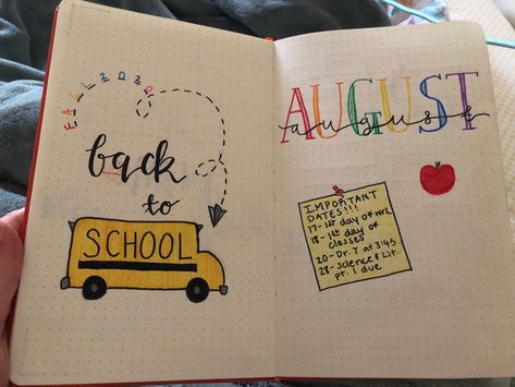 August Bullet Journal Cover Back To School, August Dot Journal Ideas, Back To School Bullet Journal Ideas, Bullet Journal Back To School, Bullet Journal Month Page, Journal Month Page, Back To School Bullet Journal, School Bullet Journal, Back To School Journal