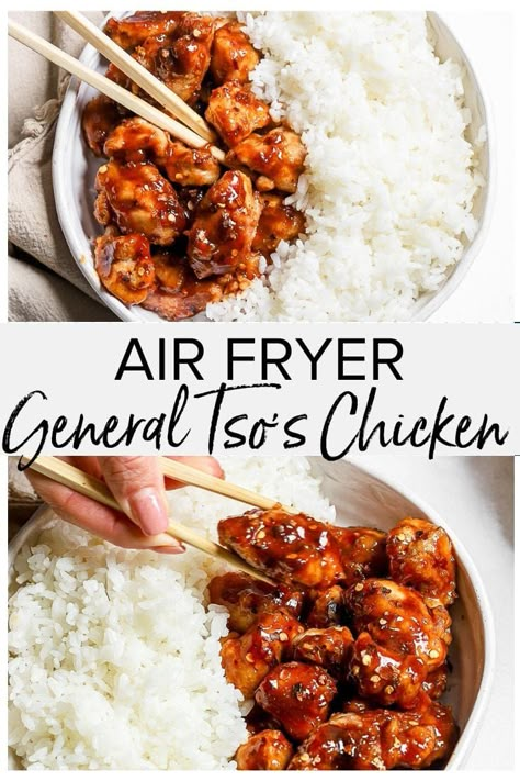 This Air Fryer General Tso's Chicken is a healthier take on the classic Chinese takeout and it's delicious! Succulent chicken, slathered in a tangy sauce, served with a side of fluffy rice, pure heaven on a plate! General Tso's Chicken Recipe, Air Fryer Recipes Breakfast, General Tso's Chicken, Fluffy Rice, General Tso Chicken, General Tso, Air Fryer Oven Recipes, Air Fry Recipes, Chinese Takeout