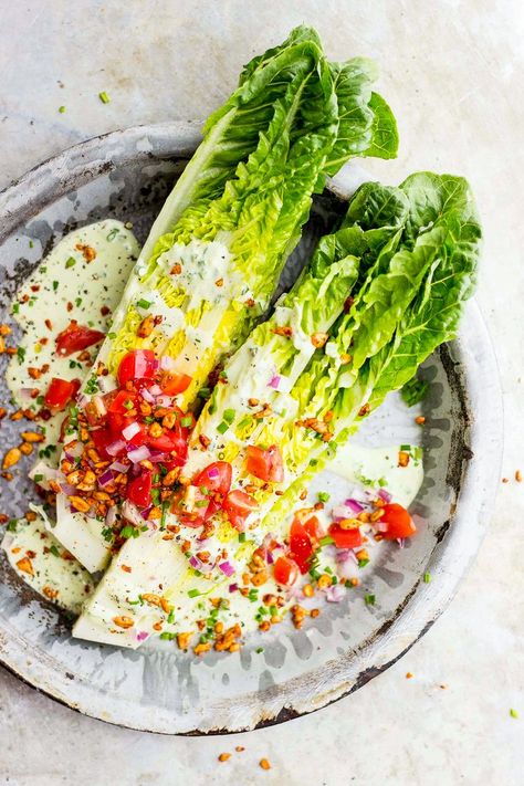 Romaine Wedge Salad with Chive Dressing + Smoky Sunflower Bits Romaine Wedge Salad, Nourishing Salads, Chive Dressing, Vegan Bacon Bits, Roasted Vegetable Salad, Yummy Salads, Wedge Salad, Vegan Bacon, Raw Vegan Recipes