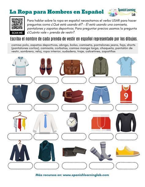 Men's Clothes in Spanish - PDF Worksheet - SpanishLearningLab Clothes In Spanish, Spanish Classroom Activities, Spanish Clothing, Spanish Games, Spanish Conversation, Language Classroom, Spanish Christmas, Spanish Worksheets, Simple Exercise