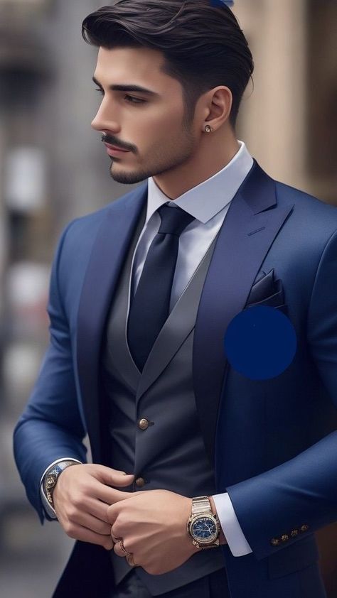 Groom Suits For Wedding Blue, Mens Suit Blue, Blue Blazer Outfit Men, Men Vest Outfits, Best Wedding Suits For Men, Street Fashion Inspiration, Modest Street Fashion, Best Wedding Suits, Men's Hipster Style