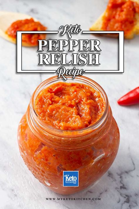 Keto Pepper Relish - Sugar-Free Low Carb Chili Chutney Recipe. This easy condiment recipe is quick and delicious. It's a great, healthy sauce to add to burgers. #ketorecipes Chili Chutney, Burger Sauces Recipe, Relish Recipe, Low Carb Chili, Pepper Relish, Keto Kitchen, Healthy Sauces, Farmers Market Recipes, Homemade Sauce Recipes