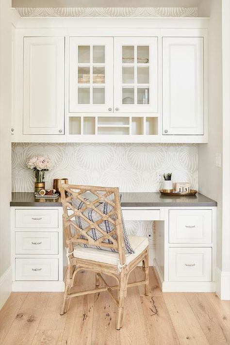 Kitchen Desk with Wallpaper on Back of Desk - Transitional - Kitchen Kitchen Office Nook, Kitchen Desk Areas, Desk Nook, Kitchen Desks, Kitchen Desk, Office Nook, Desk Areas, Kitchen Nook, Luxe Interiors