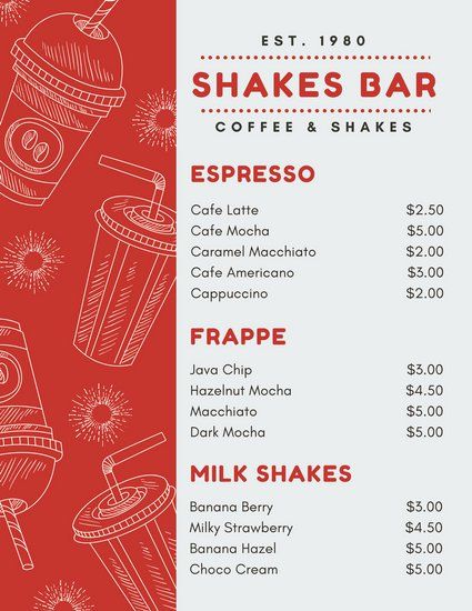 Red and White Cups Illustration Drinks Menu Cups Illustration, Drink Menu Design, Wedding Food Menu, Menu Design Inspiration, Menu Card Design, Cover Design Inspiration, Coffee Artwork, Cafe Concept, Food Menu Template