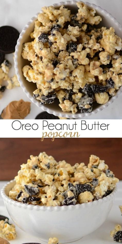 Oreo Peanut Butter Popcorn - Crazy for Crust Oreo Popcorn, Popping Popcorn, Oreo Peanut Butter, Popcorn Butter, Peanut Popcorn, Peanut Butter Popcorn, Crazy For Crust, Snack Mixes, Popcorn Treats