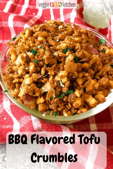 These tofu crumbles have the subtle seasonings of an American Barbecue. They are tasty tiny nuggets bursting with flavor! Sprinkle them on salad, veggie bowls, or wraps. Sprinkle on baked potatoes or vegetable dishes. These BBQ flavored tofu crumbles will be a new family favorite. Tofu Dinners, Bacon Bits Recipes, Vegetarian Tofu Recipes, Crumbles Recipes, Sweet Tofu, Veggie Lentil Soup, Tofu Crumbles, Recipes With Tofu, Crumbled Tofu