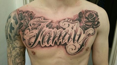 Lettering Family, across chest Chest Tattoo Family, Chest Tattoo Lettering, Tattoo Calligraphy, Family Over Everything, Tattoo Work, My Tattoos, Tattoo Lettering, Chest Tattoo, My Tattoo