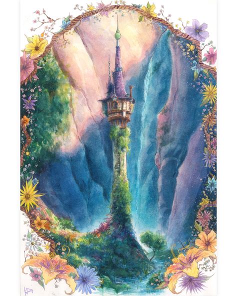 Original 'Tangled' Painting by Kai Denton, @StudioDelusion on Socials - 2020- {Watercolor on Paper} Original Design and Inspiration by Disney #Disney #Tangled #Disneyart #Tangledart #Art #Artwork #Watercolor #Watercolorart #illustration #illustrator #Kaidenton #Studiodelusion Disney Artwork Illustration, Tangled Castle Painting, Rapunzel Watercolor Art, Disney Watercolour Painting, Disney World Painting, Tangled Drawing Ideas, Disney Oil Painting, Tangled Watercolor Painting, Tangled Inspired Painting